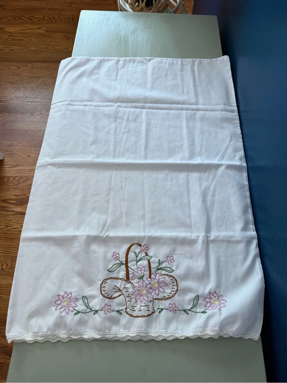 Vintage Pair of Queen Sized Embroidered Pillowcases Crochet Lace Flowers Basket